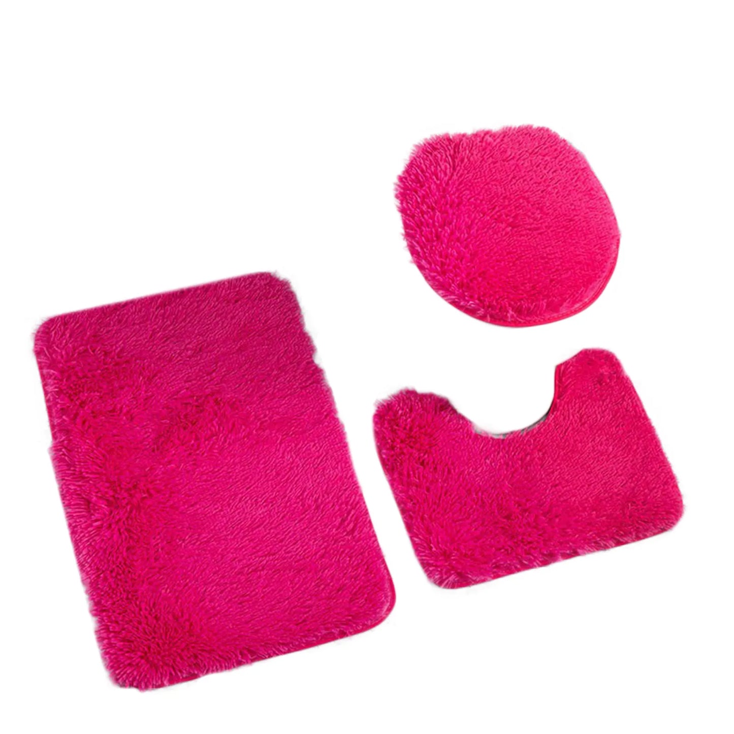 3pc Bathroom Set Rug Mat Toilet Lid Cover Plain Solid Color Bathmats Rugs Kit Non-Slip Fluffy