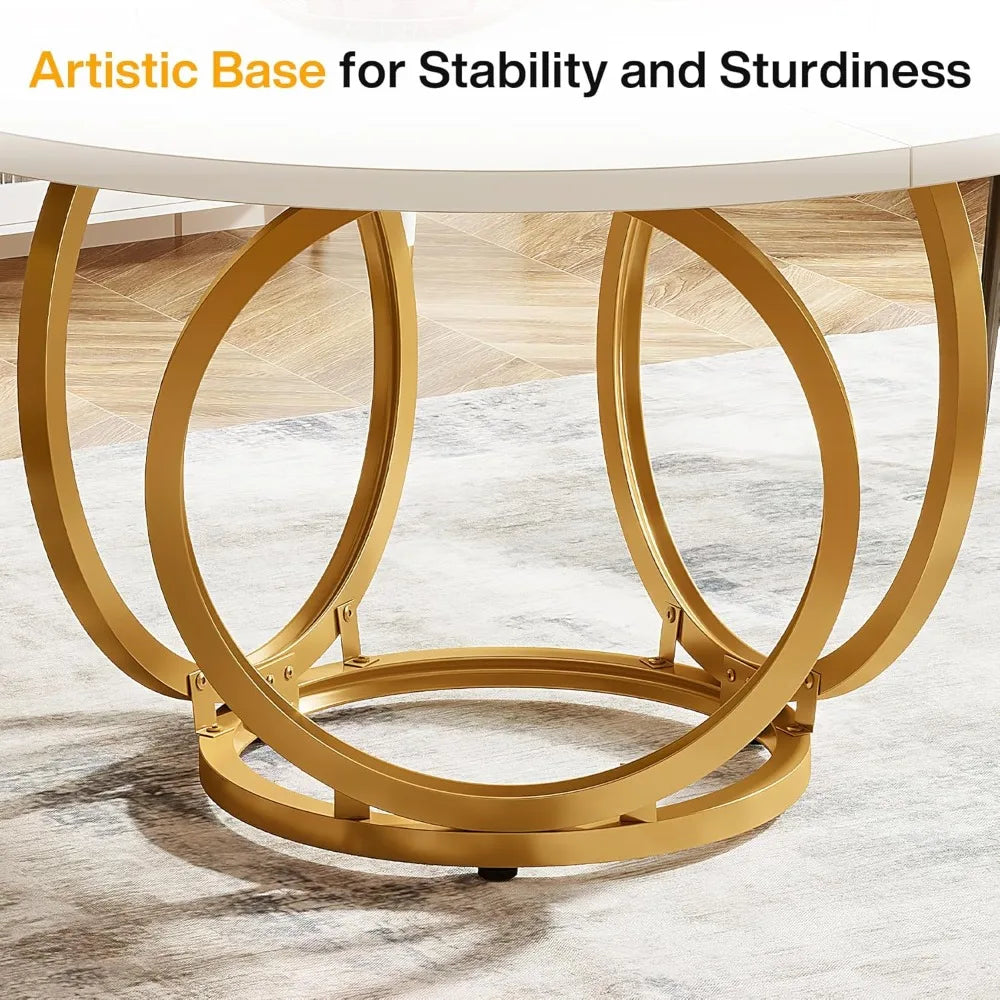 Round White Dining Table for 4, 47-Inch Large Kitchen Table with Gold Metal Base, Modern Dinner Room Table Coffee Ta