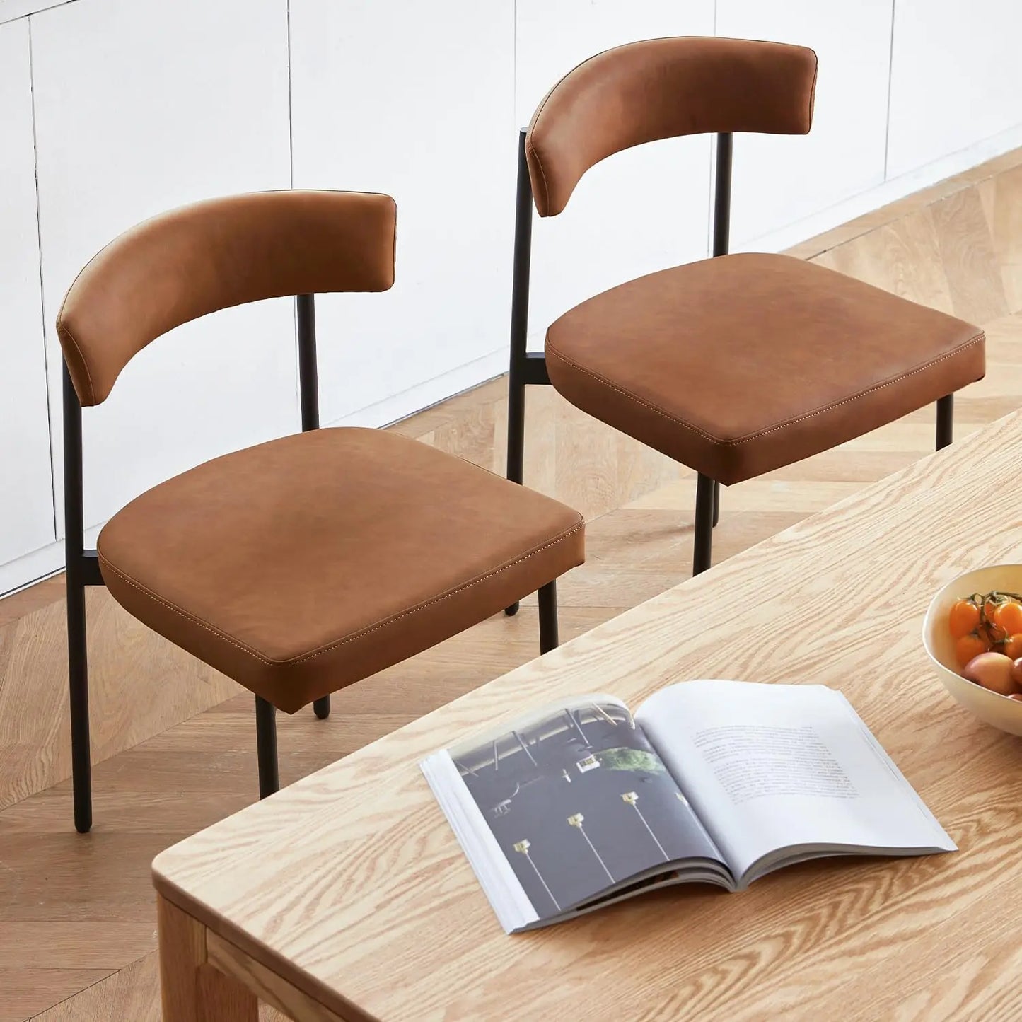 Brown Faux Leather Dining Chairs Set of 4, Armless Upholstered Kitchen Chair,Modern Dining Room Chair with Curved Backrest