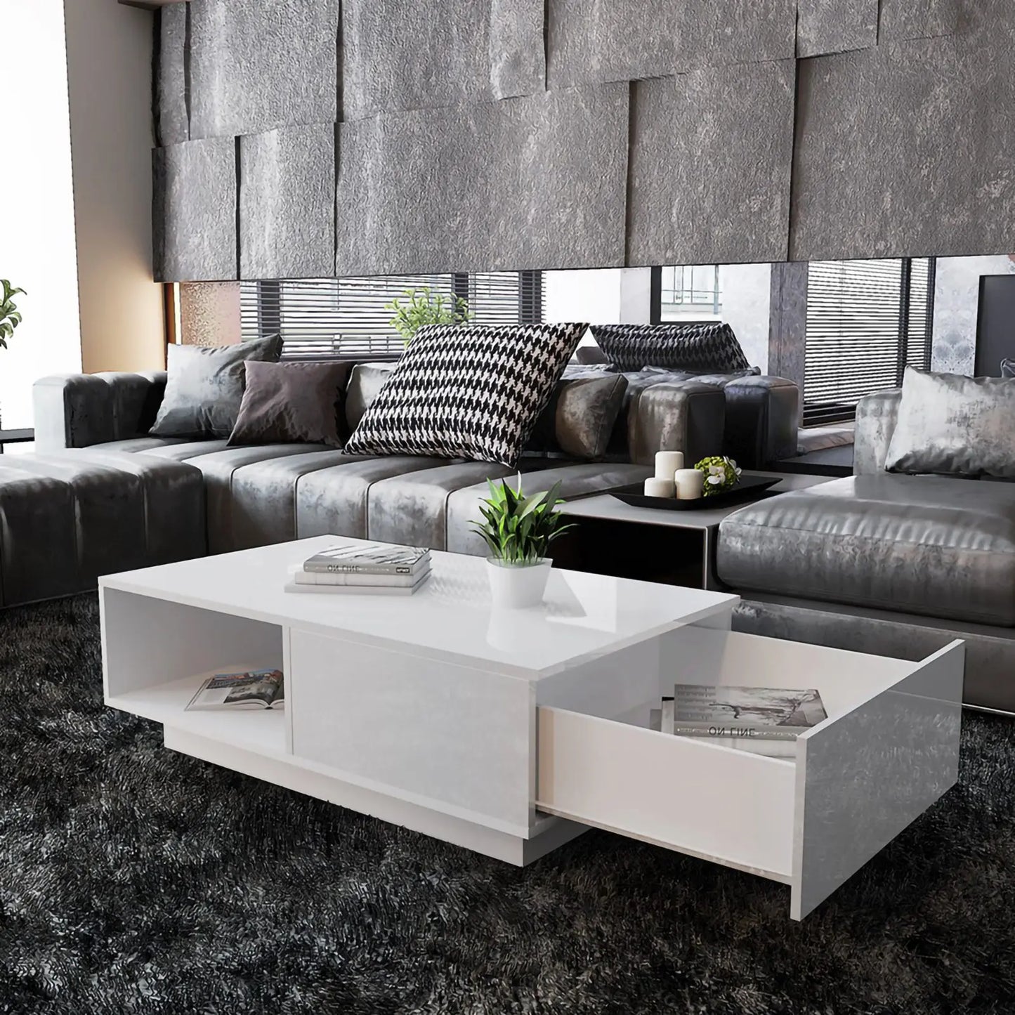 Modern High Gloss Rectangular Coffee Table Easy Using Exquisite Workmanship Simple Brand New Tea Table Storage Living Room