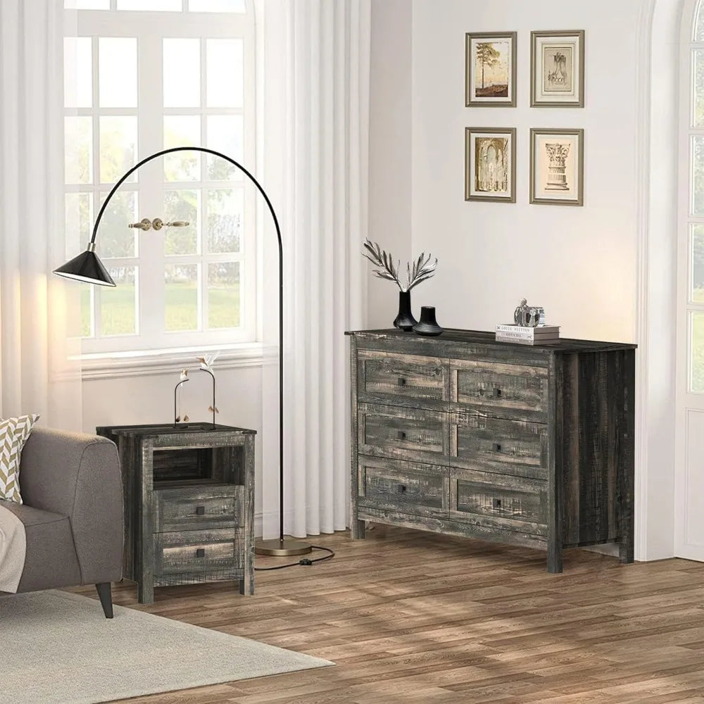 Farmhouse Bedroom Set, 3 Pieces Bedroom Furniture Set, Rustic Wood 6 Drawer Dresser and Nightstands