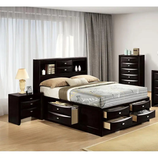 Contemporary Full Size Bed & 2 Nightstands with Headboard Bookcase in Black 3pc Bedroom Furniture Set