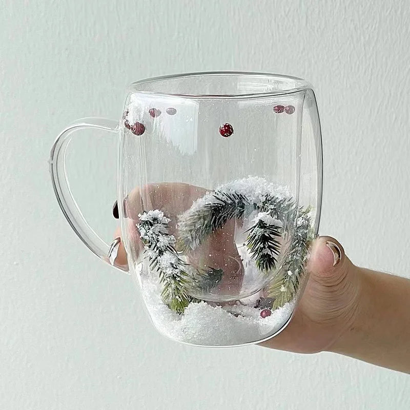200/350ML Christmas Mug Double Wall Glass Cup Snow Scene Coffee Cup Heat Resistant