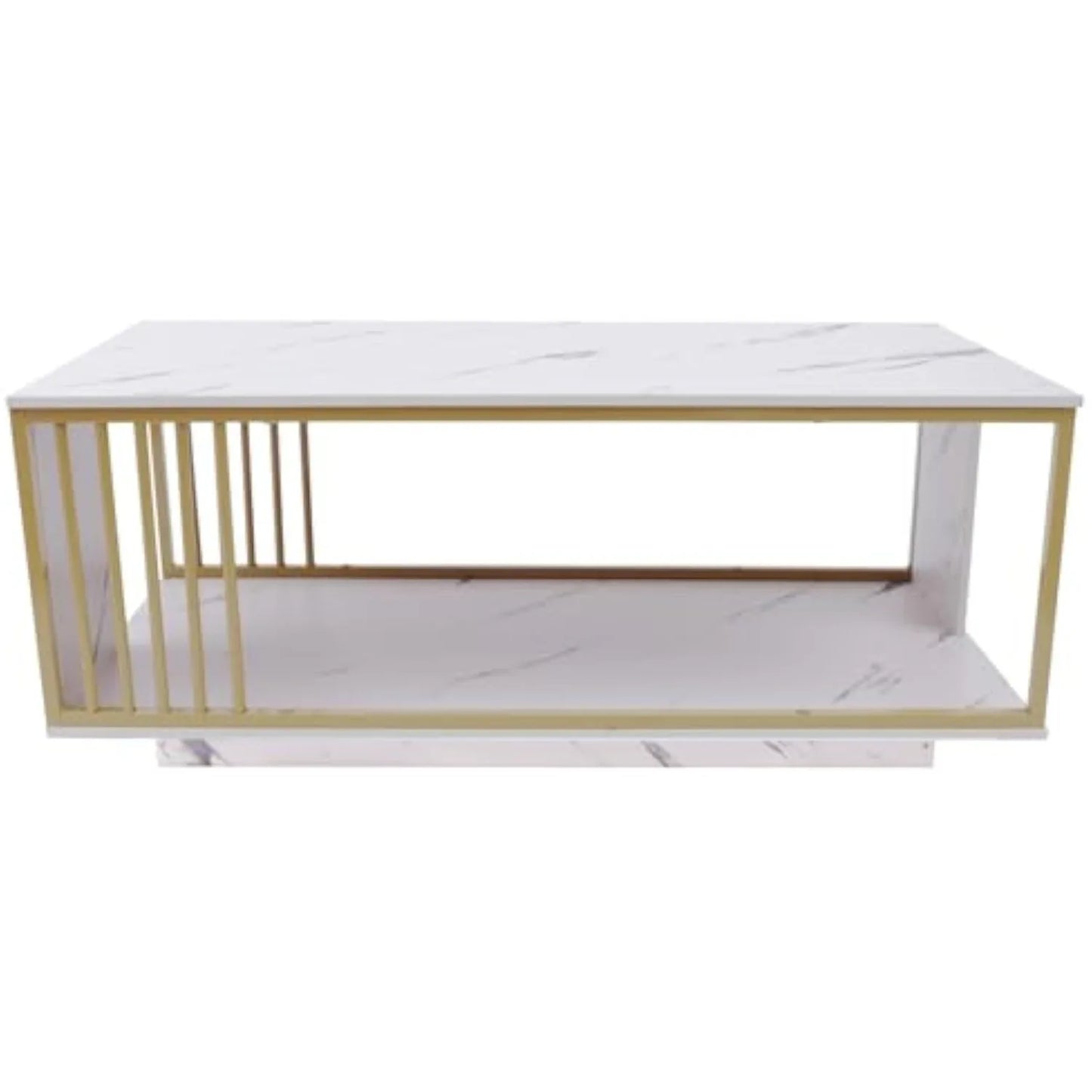 Modern White Marble Veneer Coffee Table, 2 Tier Rectangular Coffee Table with Gold Frame Sofa End Table for Living Room Bedroom