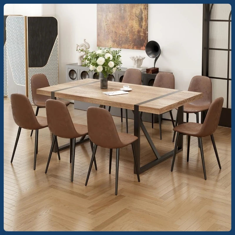 9-Piece Modern Dining Set - 71'' Rectangle Wood Table + 8 Fabric Chairs