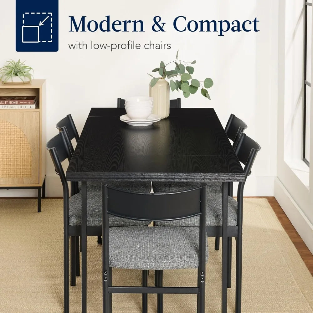 7-Piece Modern Dining Room Set, Kitchen Table Set, Dining Table w/ 6 Chairs, Upholstered Cushions, Solid Metal Frame