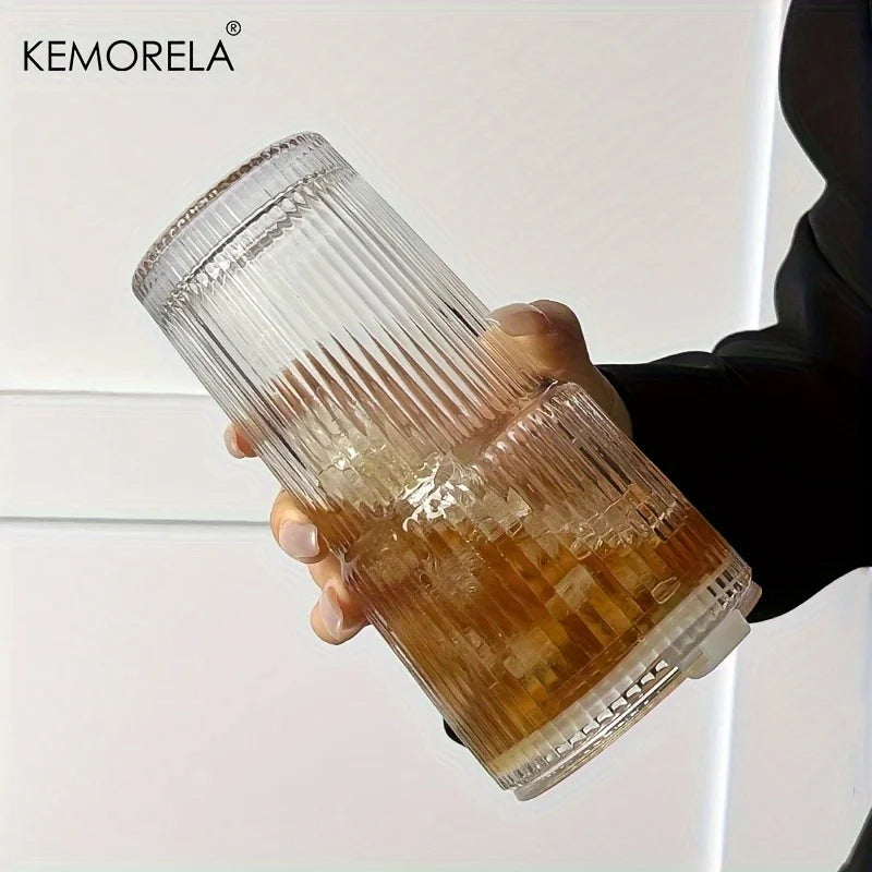 600ML Stripe Glass Coffee Cup With Lid and Without Cover Straw Transparent Drinking Glasses