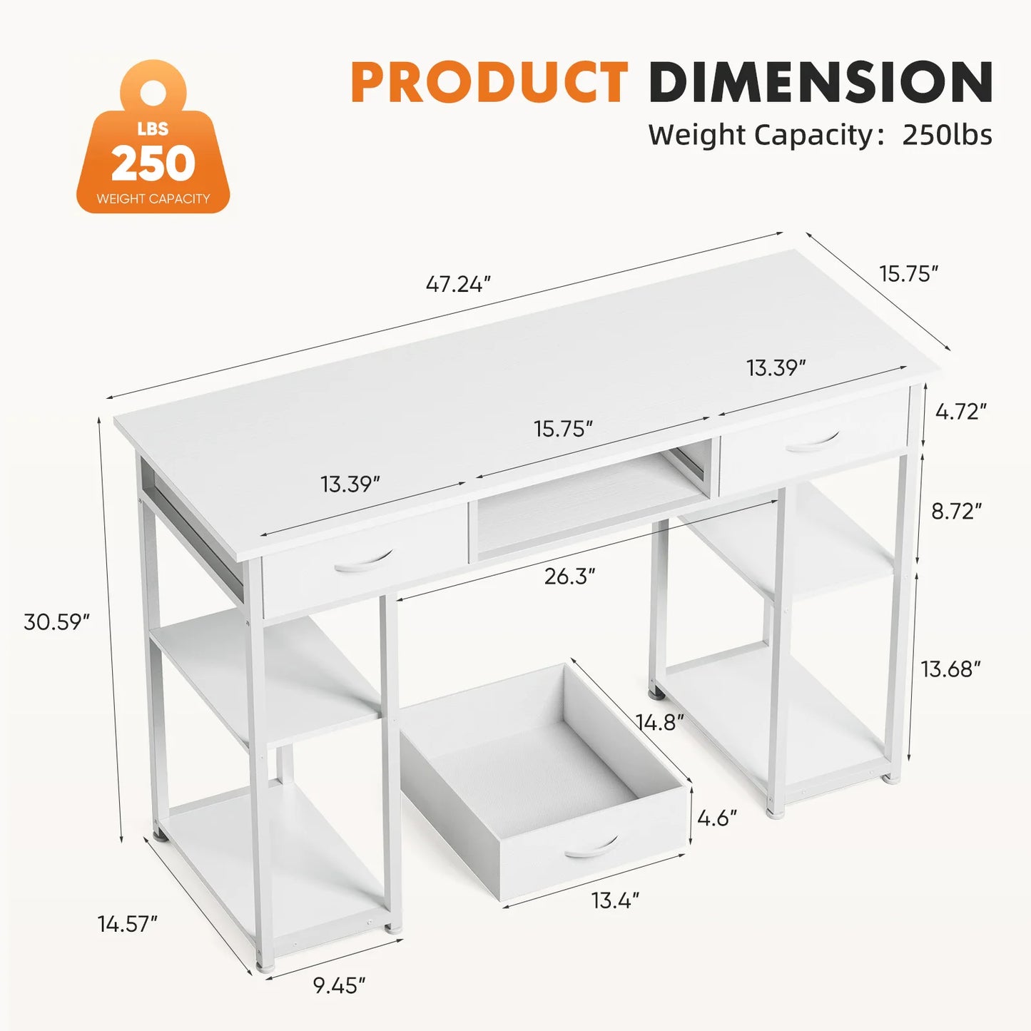 JHK 48 Inch Double Deck Shelving Office Computer Desk with Pull-out Fabric Storage Drawers Metal Frame Adjustable Feet Table ﻿