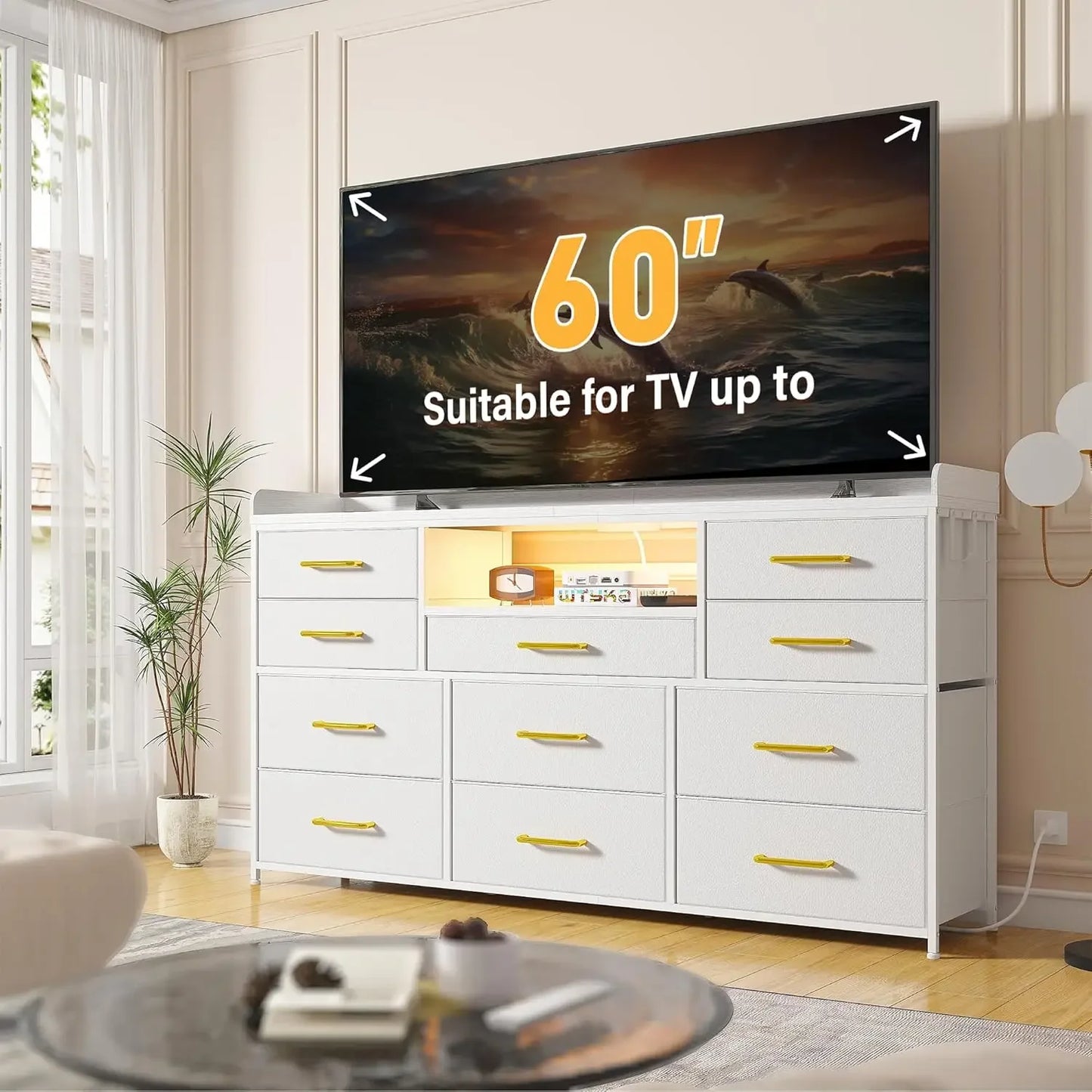 Dresser for Bedroom with 11 Drawers for 60" TV Stand for Bedroom with LED Lights & Charging Station Long Dresser with Shelves