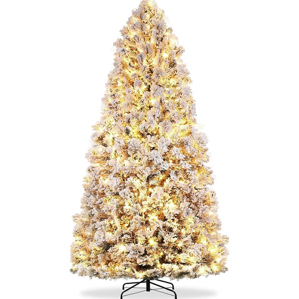 7.5 FT Prelit Snow Flocked Artificial Christmas Tree with 300 Multicolor LED Lights Foldable Metal Base 8 Lighting Mode for Home