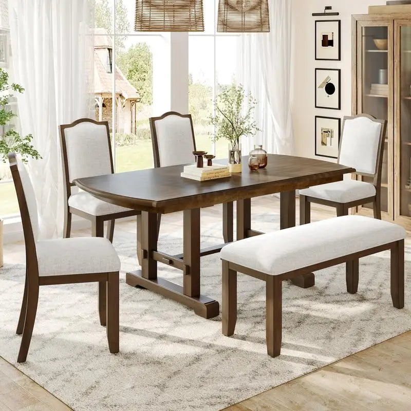 6-Piece Dining Set, Extendable 60-78 inch Wooden Table with Leaf, 4 Upholstered Chairs & Bench for 6, Kitchen Dining Table Set,