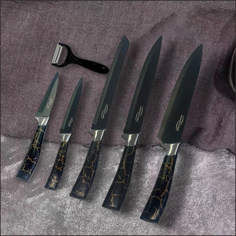 Kitchen knife set, stainless steel non-stick knife, black-edged marble rose gold six-piece set, 2025 explosion