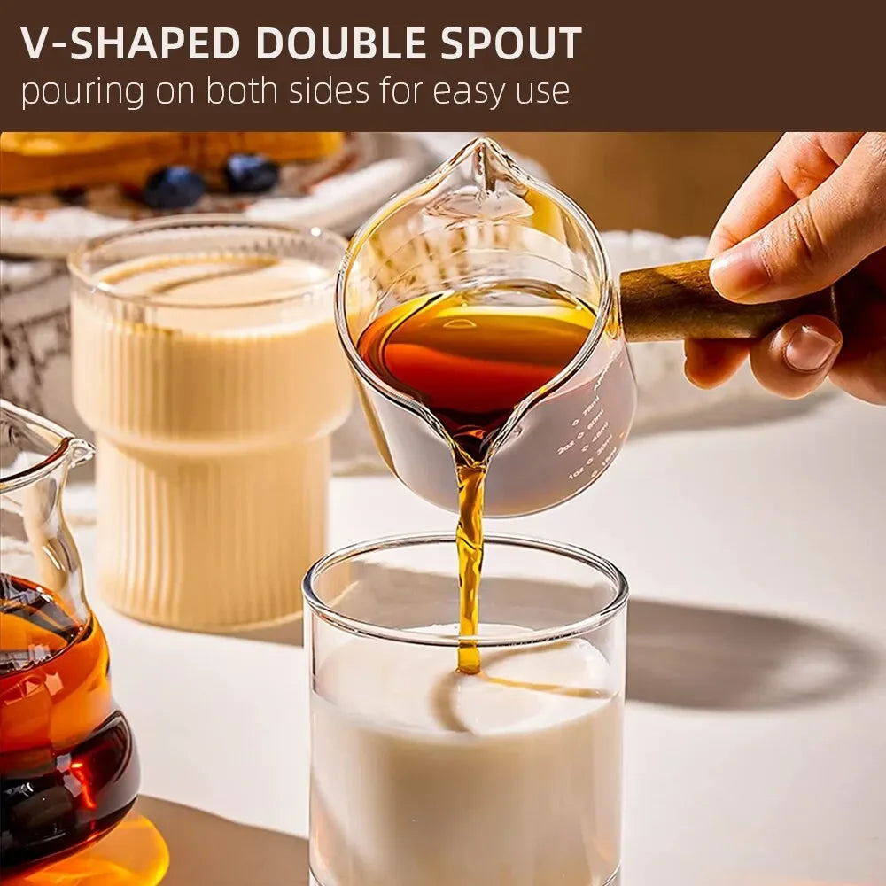 1pc Glass Measuring Cup Wood Handle Glass Espresso Measuring Cup Double