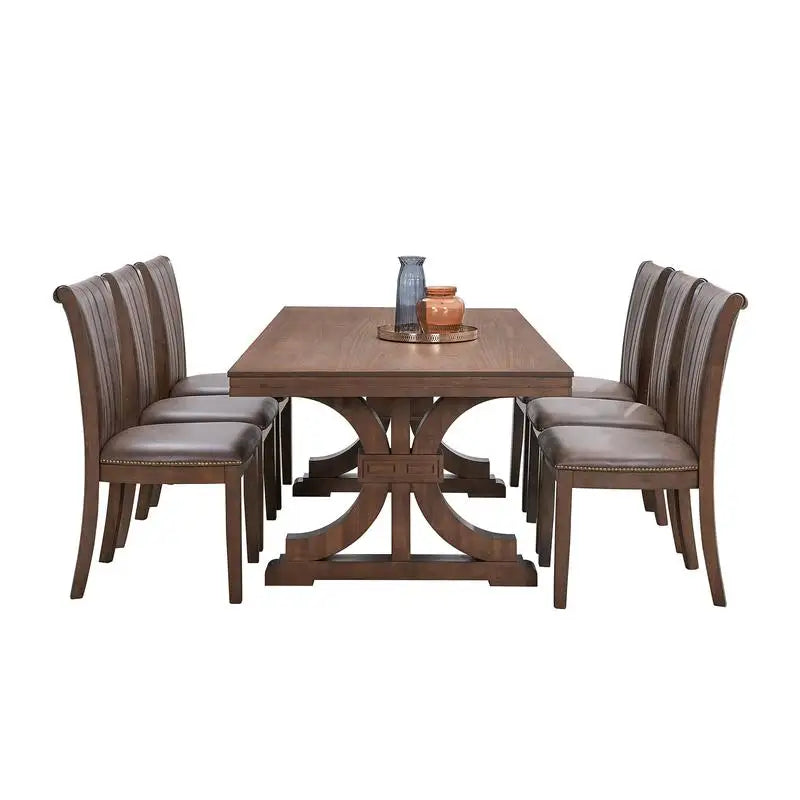 Mid-Century Modern 7-Piece Dining Table Set, Rectangular Oak Table with 6 Faux Leather Upholstered Chairs for Kitchen or Dining