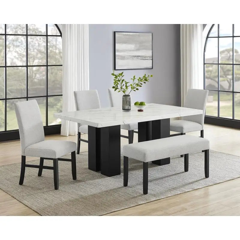6-Pc Dining Set, White Rectangular Marble Tabletop, Dark Finish Base, Upholstered Chairs & Bench, Soft Wood Furniture for