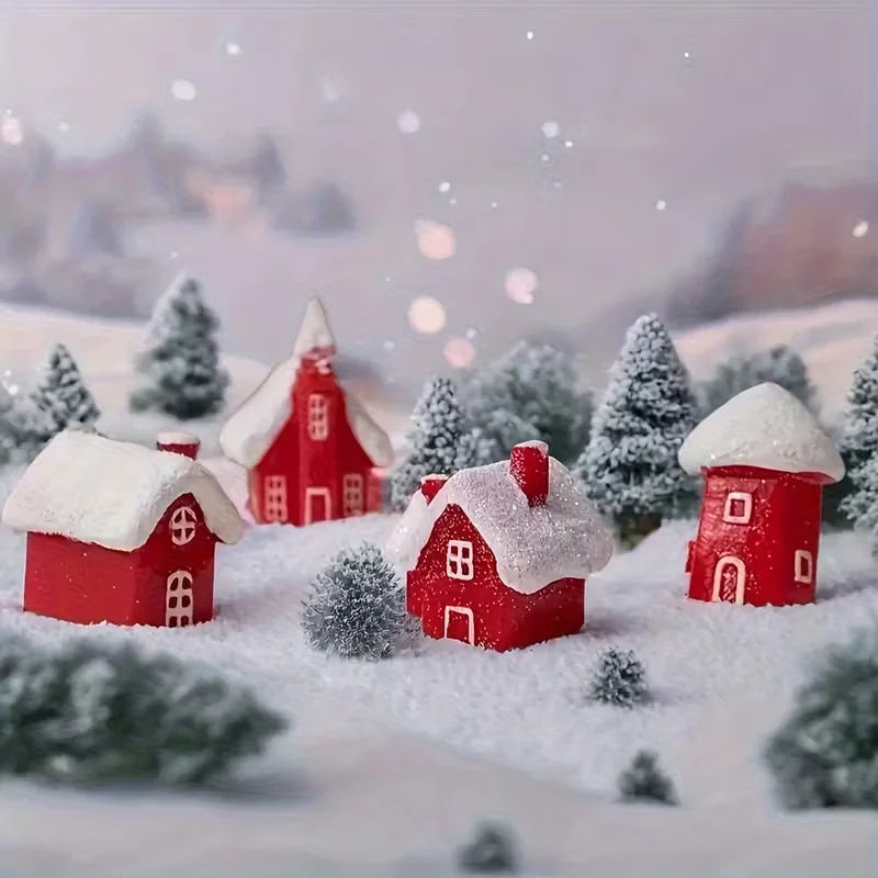 4Pcs Winter Village Snowy House Christmas Resin Miniature Red House Christmas Home Decoration Ornament New Year Party Cake Decor