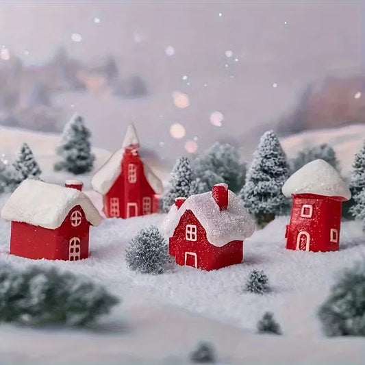 4Pcs Winter Village Snowy House Christmas Resin Miniature Red House Christmas Home Decoration Ornament New Year Party Cake Decor