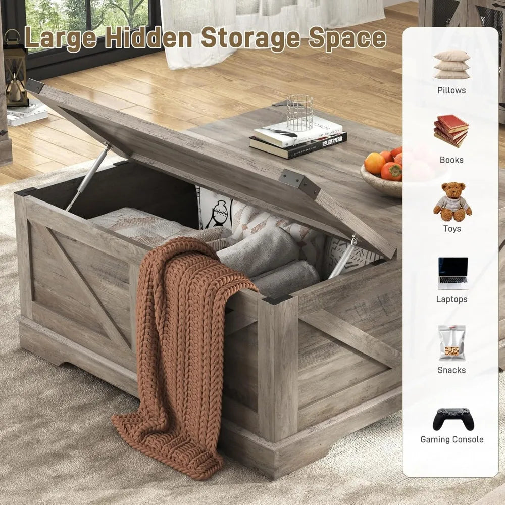 40” Large Farmhouse Lift Top Coffee Table with Power Outlets and Large Hidden Storage, Square Wood Living Room Tables, Multi-Fun