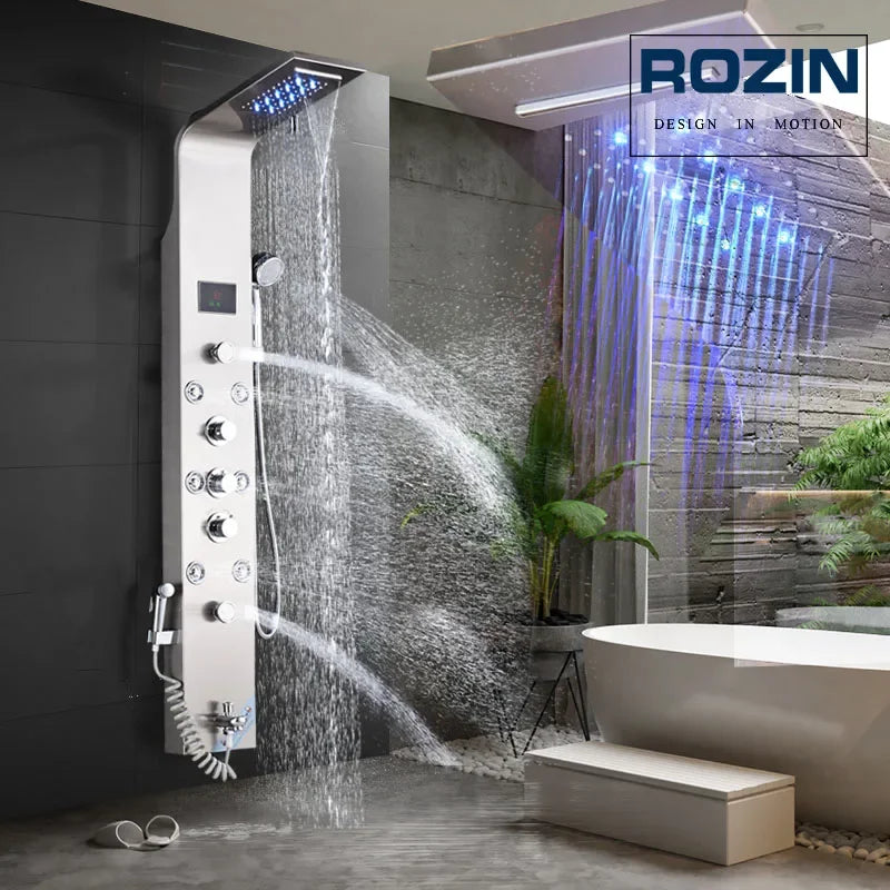 LED Light Bathroom Shower Panel Intelligent LCD Shower Column System with 6 Modes Rain Waterfall Massage Jet