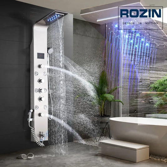 LED Light Bathroom Shower Panel Intelligent LCD Shower Column System with 6 Modes Rain Waterfall Massage Jet