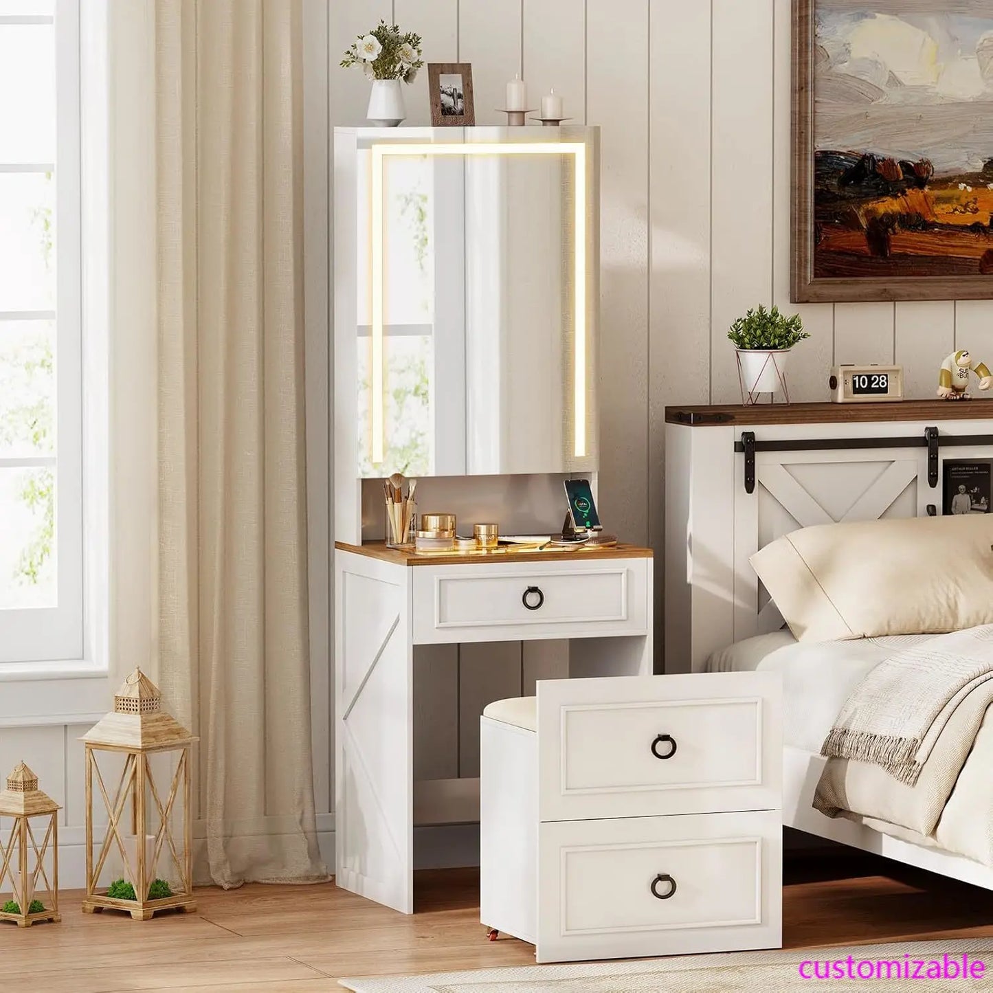 NEW Makeup Vanity Desk with Mirror and Lights,Small Vanity Desk Set with Charging Station,Compact Dressing Table, White