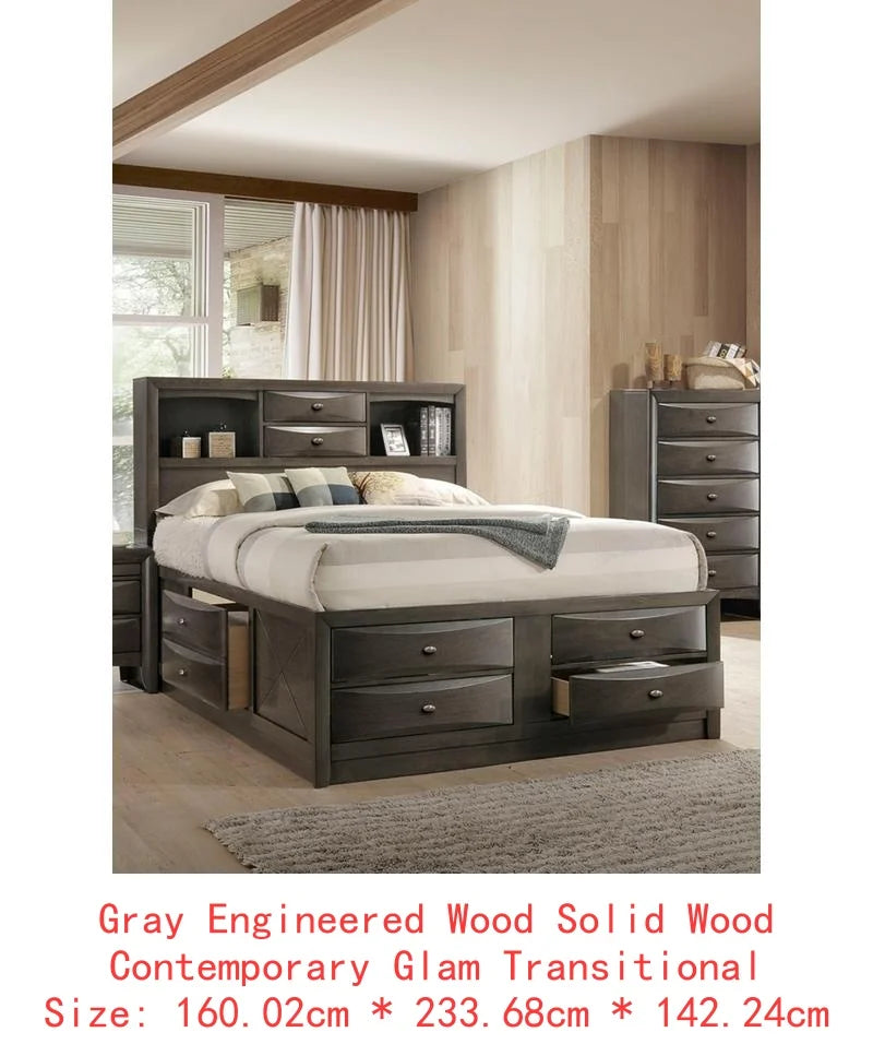 Contemporary Queen Bed with 2 Nightstands and Bookcase Headboard in Gray - 3 Piece Bedroom Furniture Set