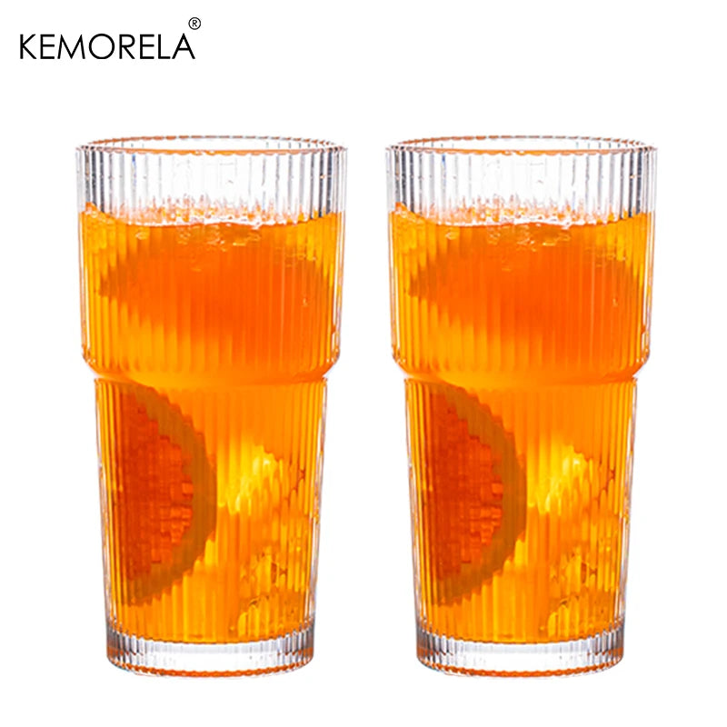 600ML Stripe Glass Coffee Cup With Lid and Without Cover Straw Transparent Drinking Glasses
