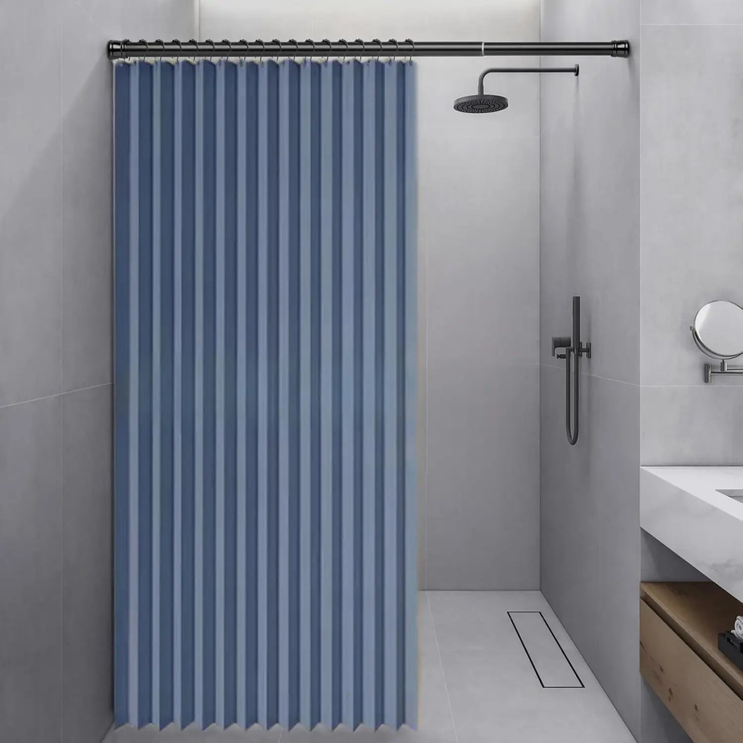 Magnetic Folding Shower Curtain，Waterproof & Space-Saving Design with Hooks, Thick Fabric in 6 Colors