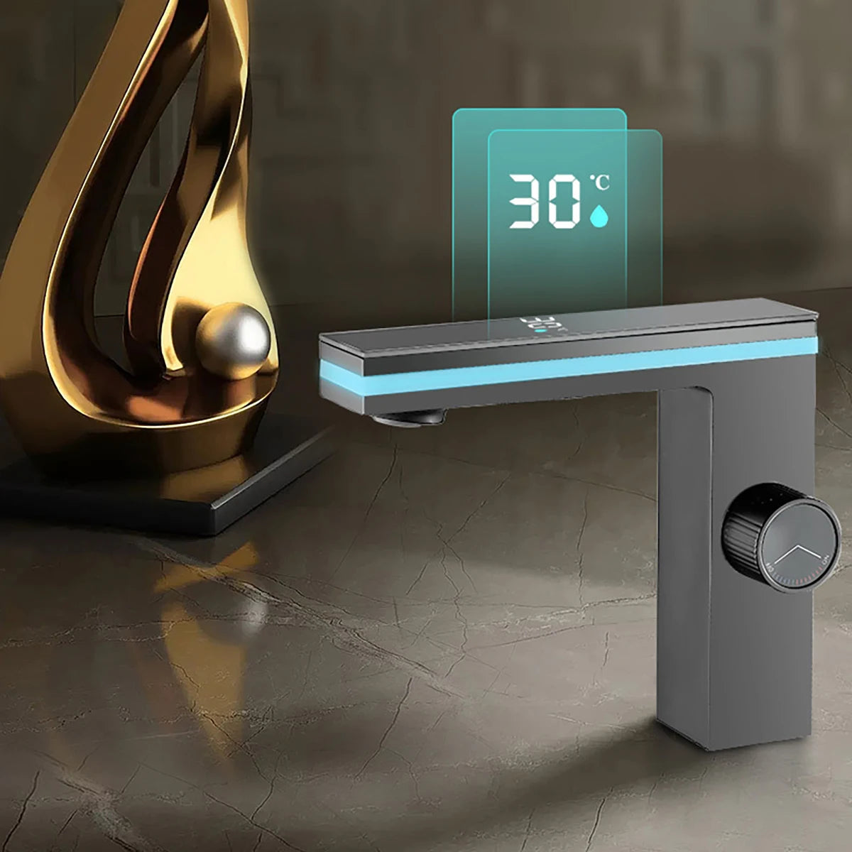 Digital Display Bathroom Washbasin Faucet Smart LED Brass Countertop Washbasin Hot and Cold Water