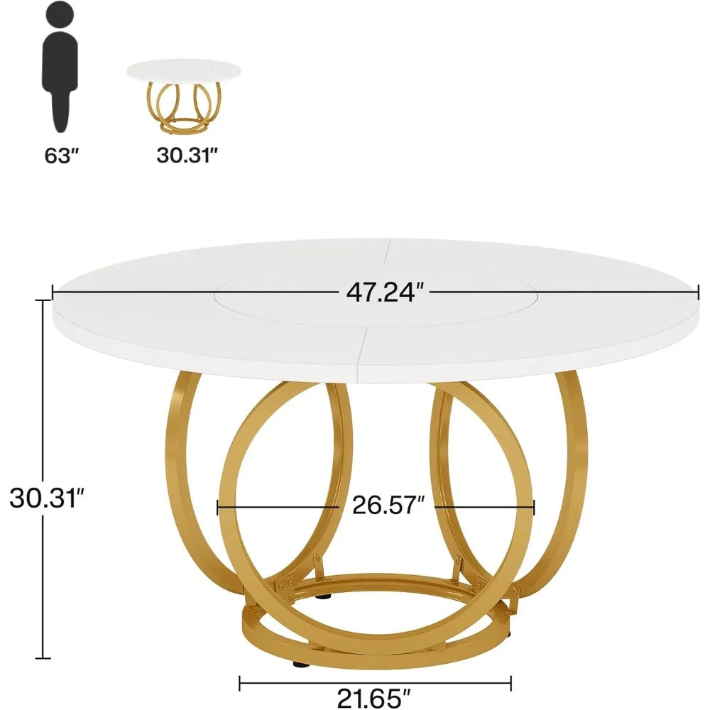 Round White Dining Table for 4, 47-Inch Large Kitchen Table with Gold Metal Base, Modern Dinner Room Table Coffee Ta