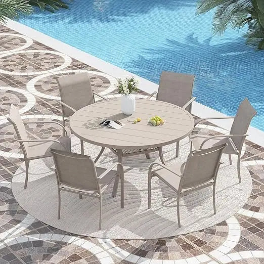 7 Pieces Patio Dining Set, Patio Furniture Set of 6 Patio Stackable Dining Chairs and Outdoor Rectangular Metal Table with Stor