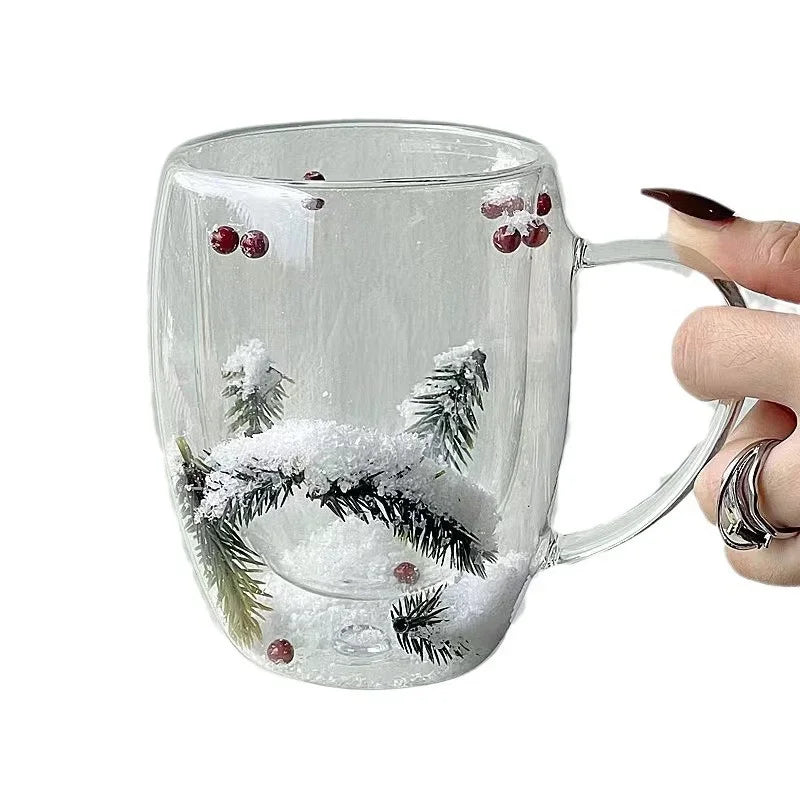 200/350ML Christmas Mug Double Wall Glass Cup Snow Scene Coffee Cup Heat Resistant