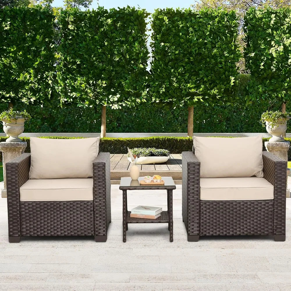 Outdoor Furniture Club Chair 3 Pieces Patio Single Sofa Chairs and Glass End Table Outdoor Chairs Set of 2 and SideTable with A