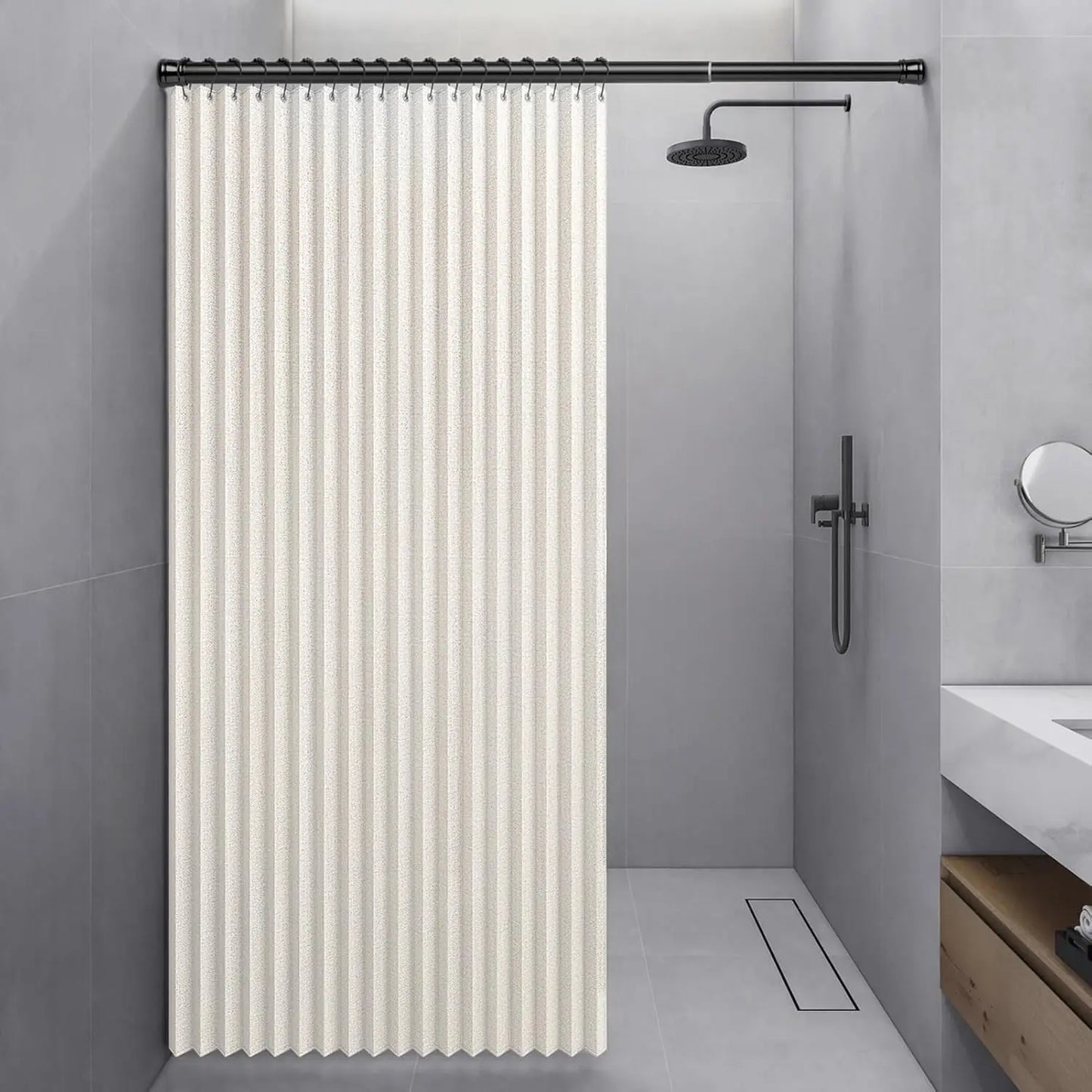 Magnetic Folding Shower Curtain，Waterproof & Space-Saving Design with Hooks, Thick Fabric in 6 Colors