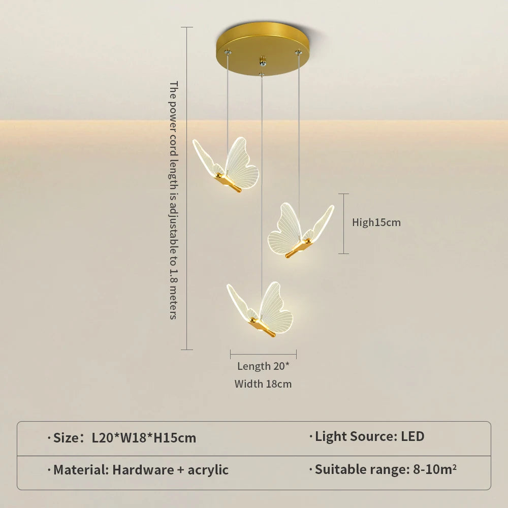 LED Modern 3-Head Butterfly Pendant Ceiling Light, Bedhead Indoor Living Room Dining Room Kitchen Decorative Lighting