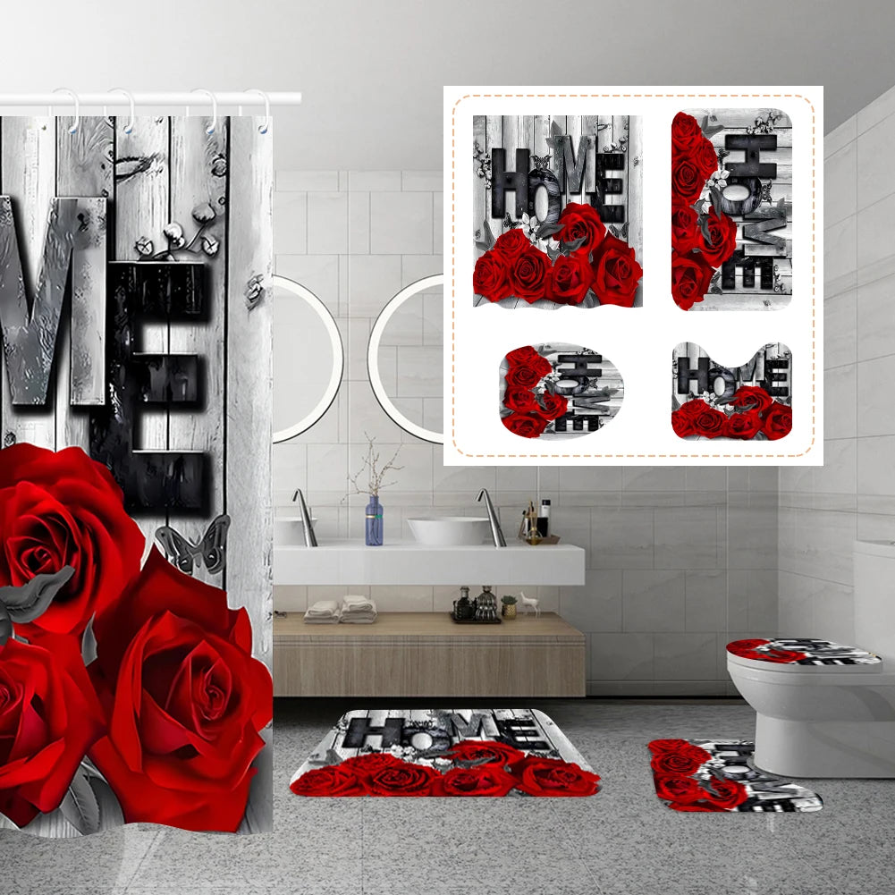 4PCS Flower Shower Curtain Set with Non-Slip Rugs Toilet Lid Cover and Bath Mat Black Shower Curtain Waterproof Bathroom Decor