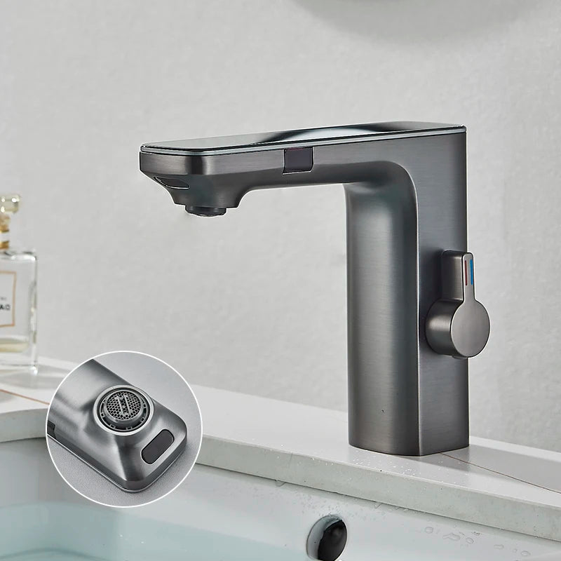 Luxury Silver Gray Smart LCD Daul Sensor Bathroom Basin Faucet Zinc Alloy Deck Mount