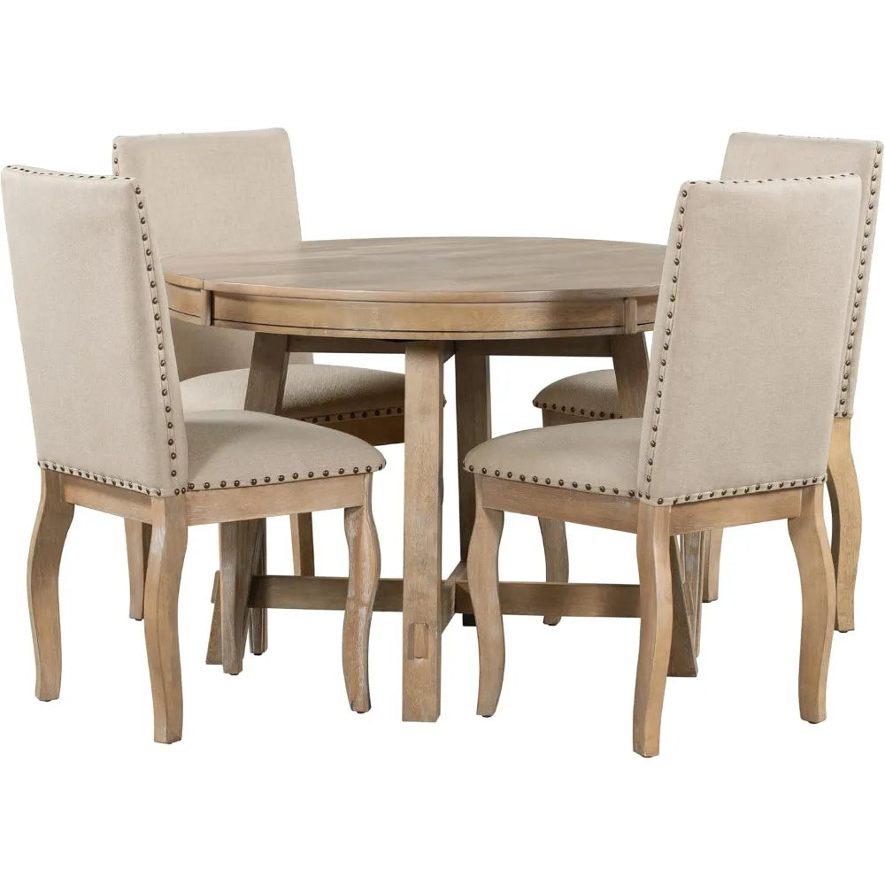 5-Piece Kitchen Table Set, Wood Round Extendable Dining Table and 4 Upholstered Dining Chairs, Farmhouse Dining Room