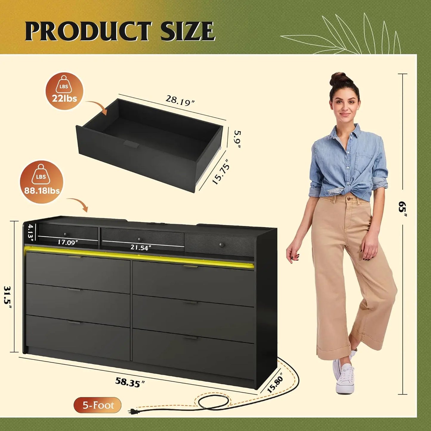 9 Drawer Led Dresser for Bedroom, 58.35'' Black Wood Dresser Storage Organizer with Power Outlets for 65'' TV, Dressers