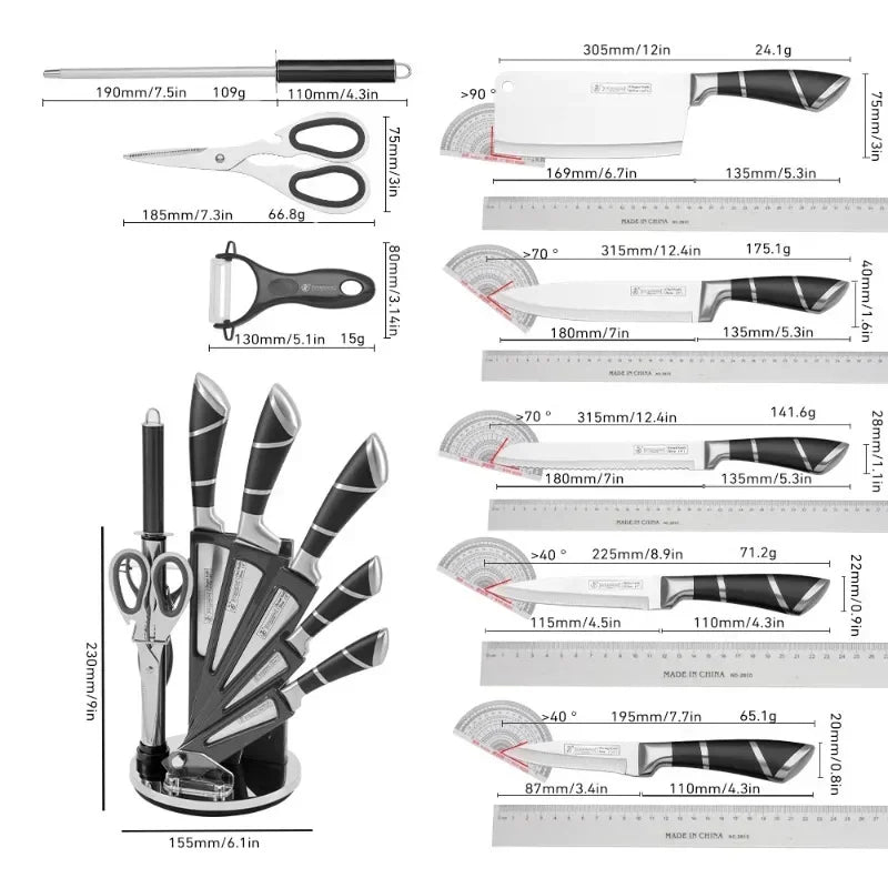 Kitchen Knife Set 9pcs Stainless Steel Sharp Non-Stick Coated Chef Knives with Sharpener