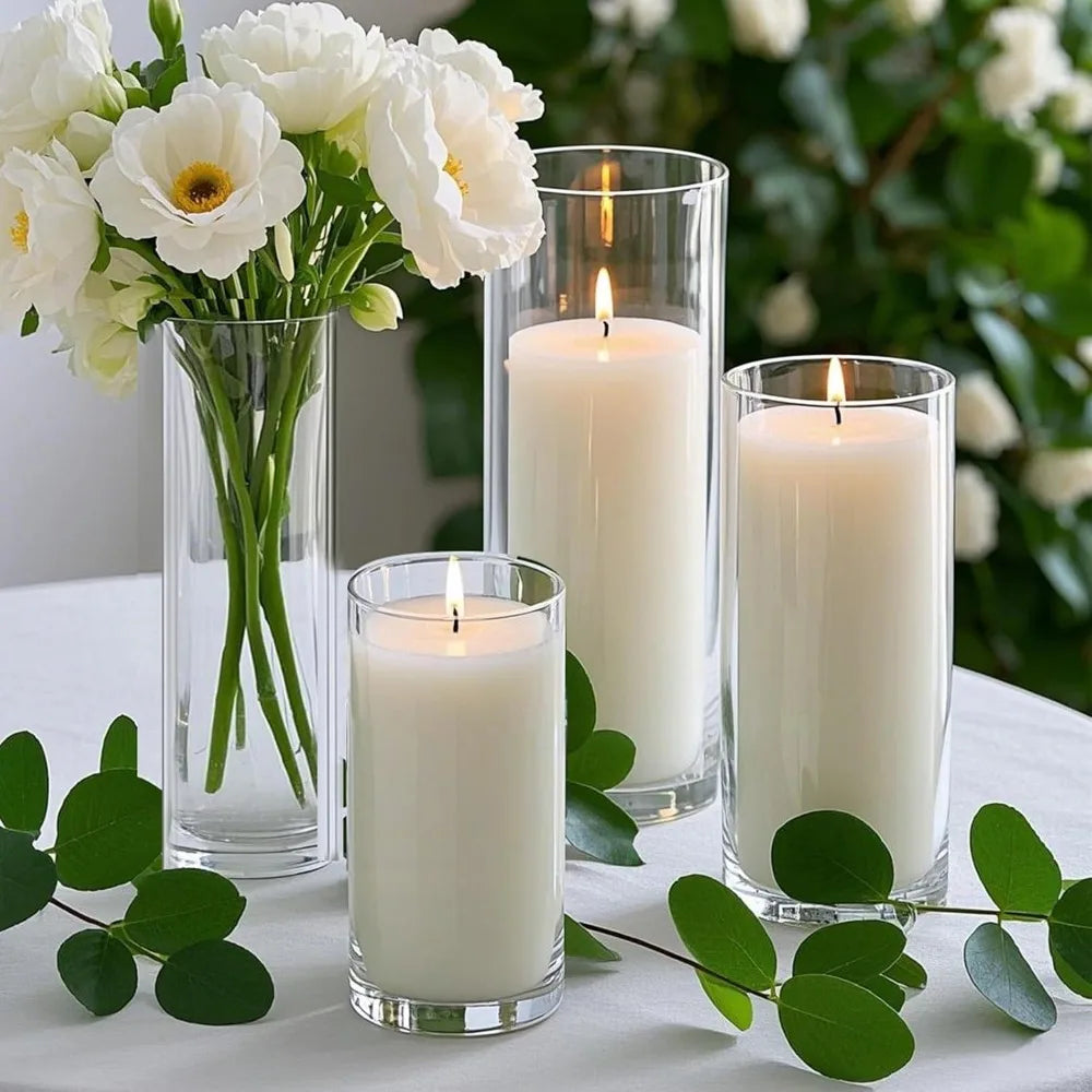 12 PCS White Pillar Candles with Glass Candle Holders Clear Hurricane Candle Holders Glass Cylinder Vases for Centerpieces Weddi