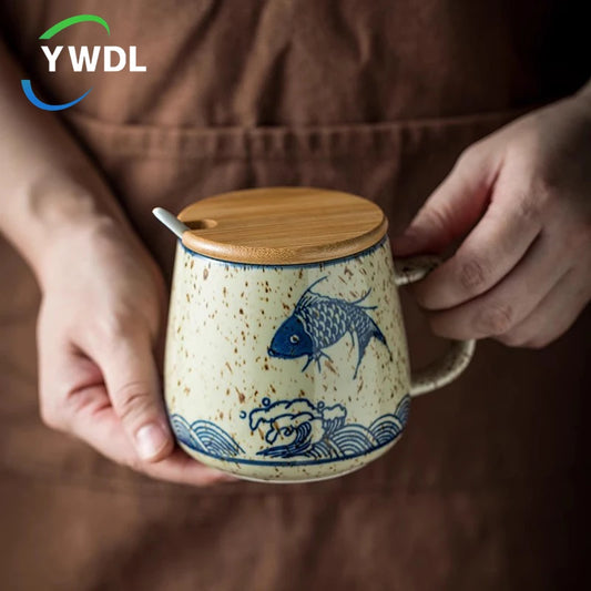 350ml Japanese Retro Ceramic Coffee Mug With Lid And Spoon Milk Breakfast Cups Home