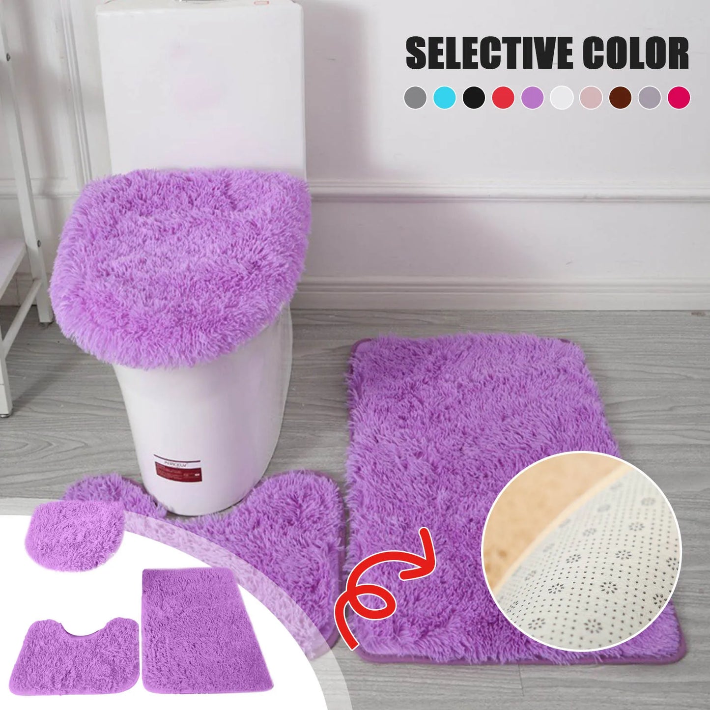 3pc Bathroom Set Rug Mat Toilet Lid Cover Plain Solid Color Bathmats Rugs Kit Non-Slip Fluffy