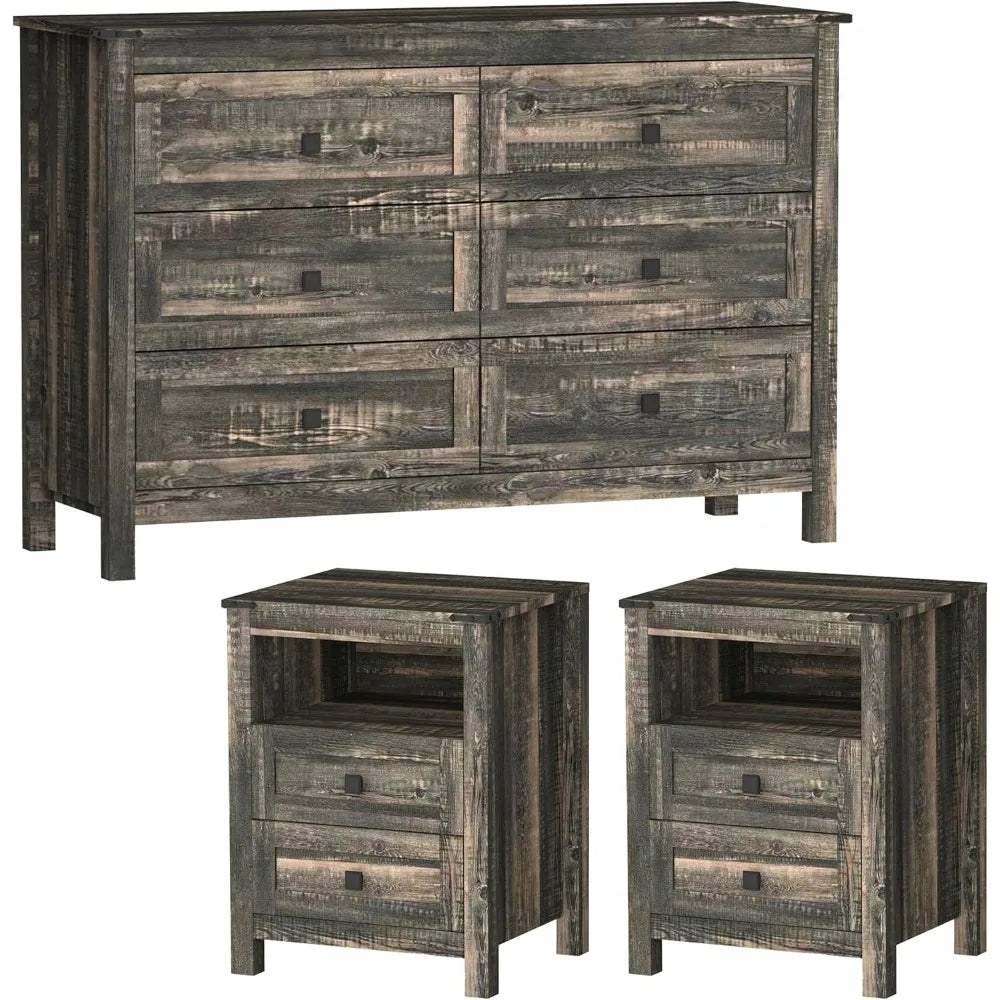 Farmhouse Bedroom Set, 3 Pieces Bedroom Furniture Set, Rustic Wood 6 Drawer Dresser and Nightstands