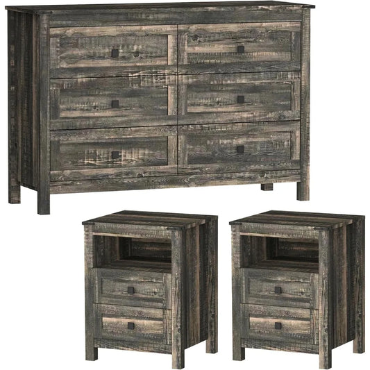 Farmhouse Bedroom Set, 3 Pieces Bedroom Furniture Set, Rustic Wood 6 Drawer Dresser and Nightstands