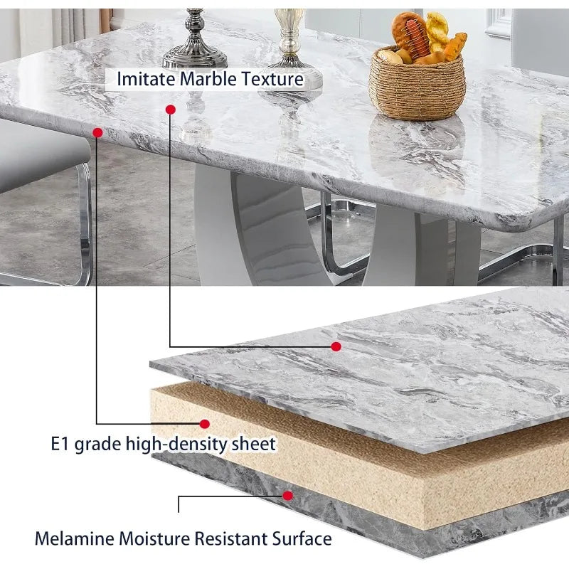 Gray 6-Person Dining Table Set - Faux Marble Top, PU Leather Chairs