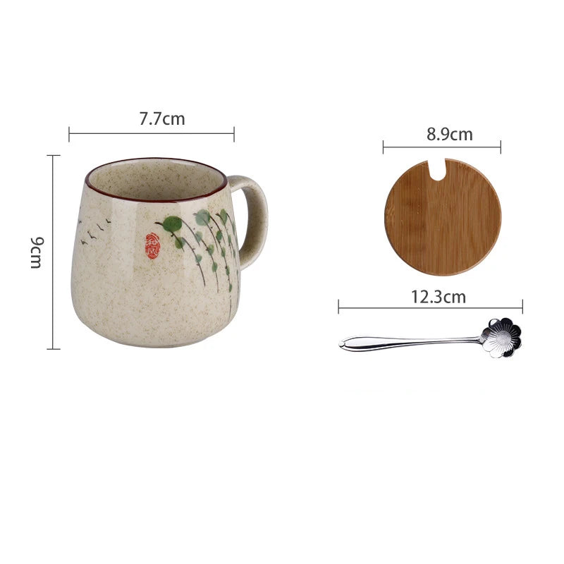 350ml Japanese Retro Ceramic Coffee Mug With Lid And Spoon Milk Breakfast Cups Home