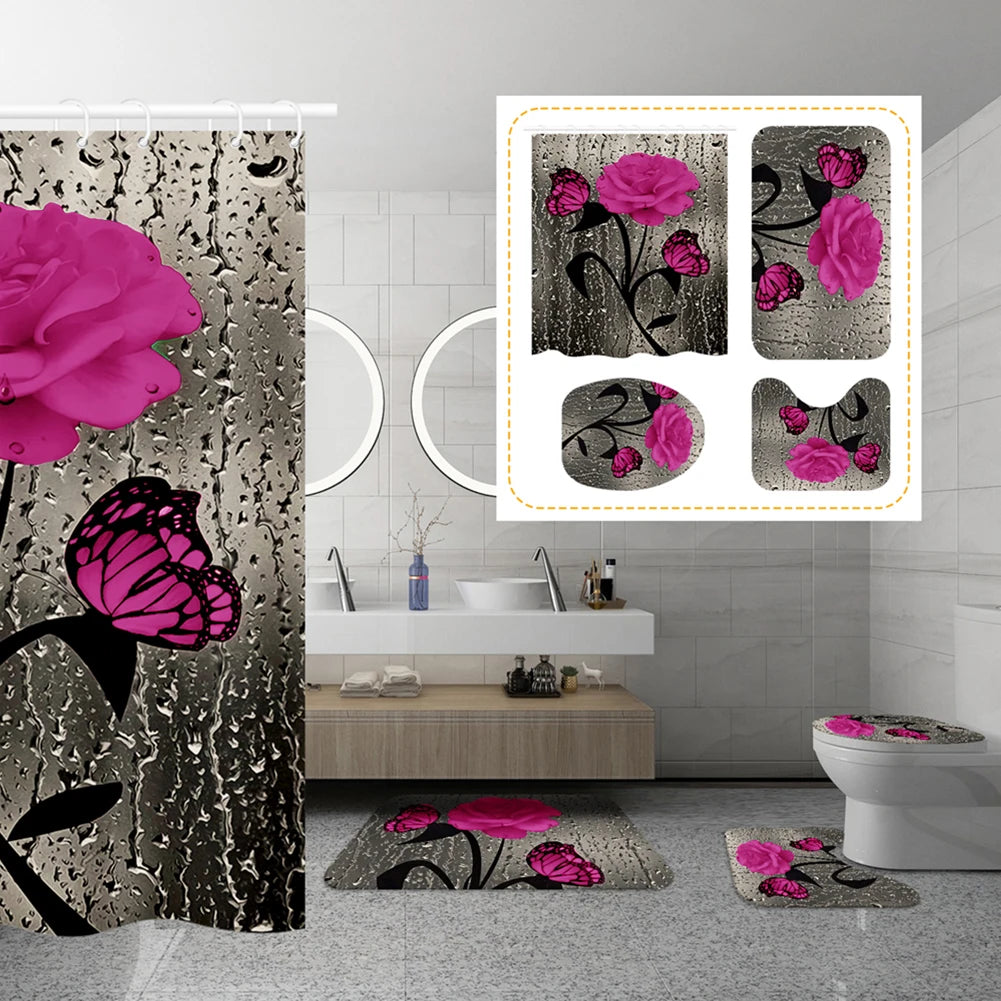 4PCS Flower Shower Curtain Set with Non-Slip Rugs Toilet Lid Cover and Bath Mat Black Shower Curtain Waterproof Bathroom Decor