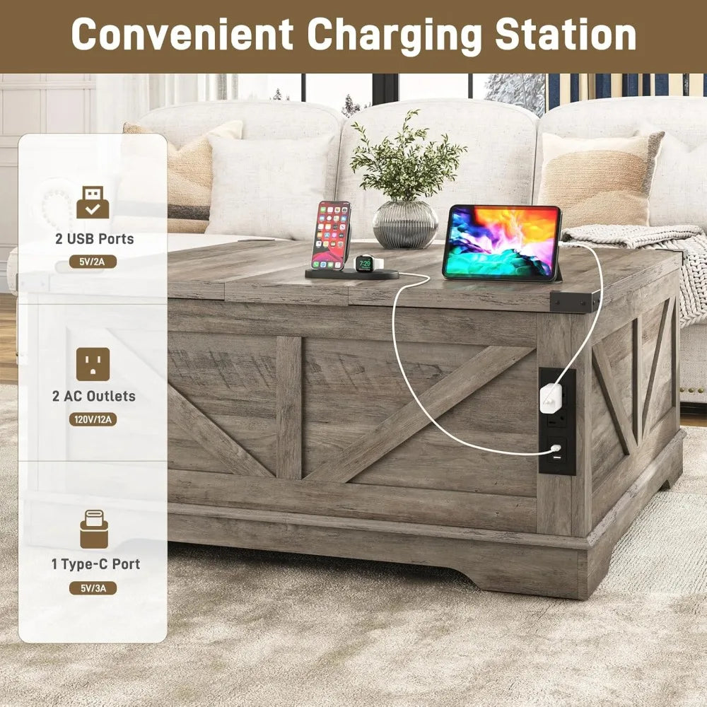 40” Large Farmhouse Lift Top Coffee Table with Power Outlets and Large Hidden Storage, Square Wood Living Room Tables, Multi-Fun