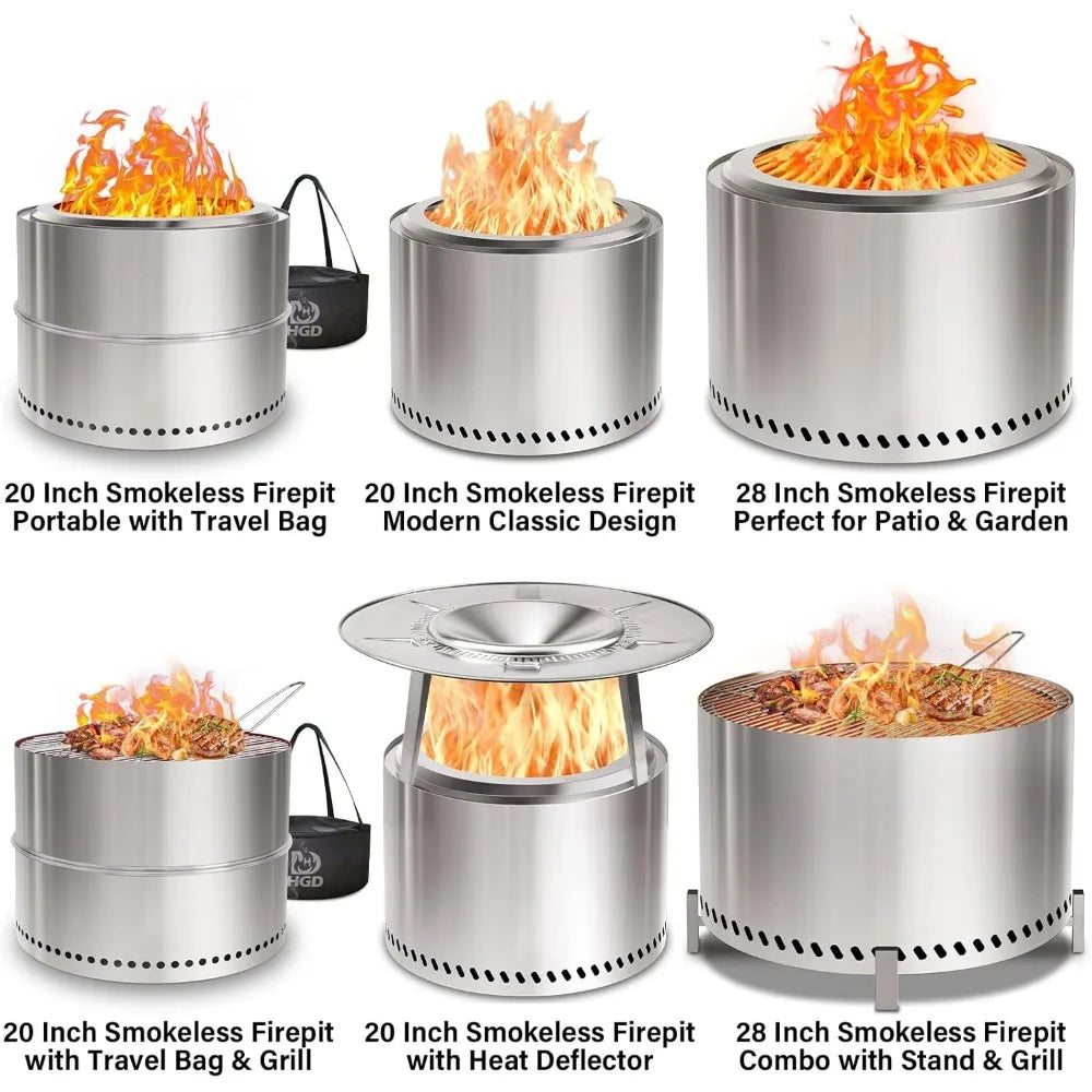 20 Inch Outdoor Wood-Burning Fire Pit, Stainless Steel Backyard Fireplace for Patio and Garden Gatherings